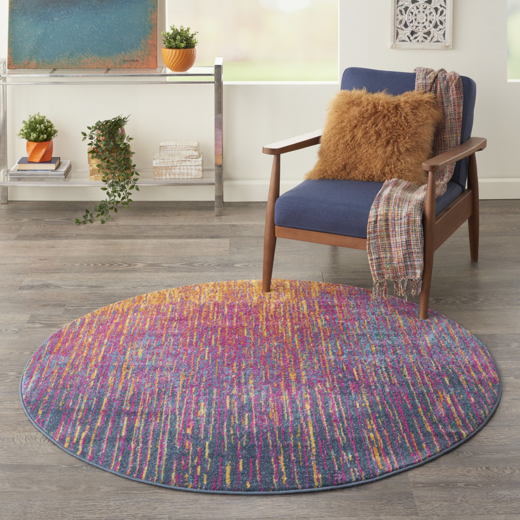 4" Blue And Pink Round Abstract Power Loom Area Rug