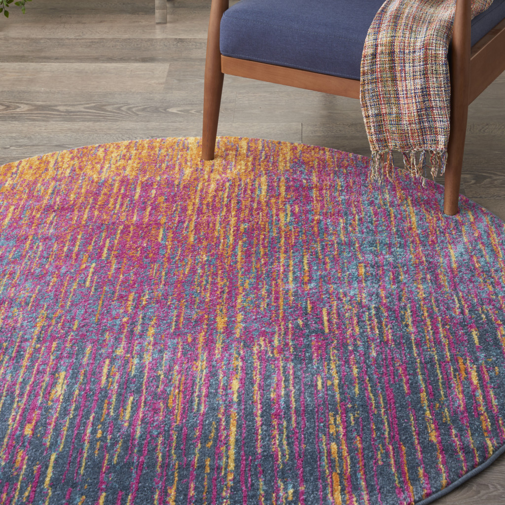 4" Blue And Pink Round Abstract Power Loom Area Rug