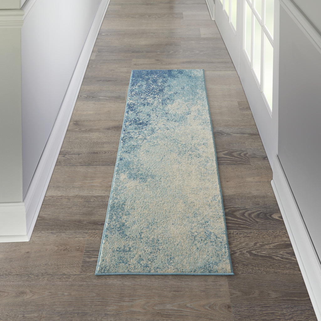 6" Ivory And Blue Abstract Power Loom Runner Rug