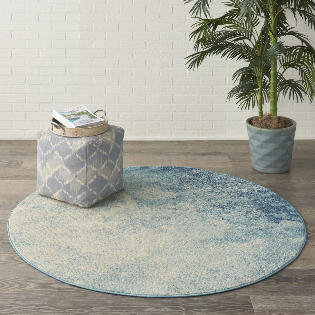 4" Ivory And Blue Round Abstract Power Loom Area Rug