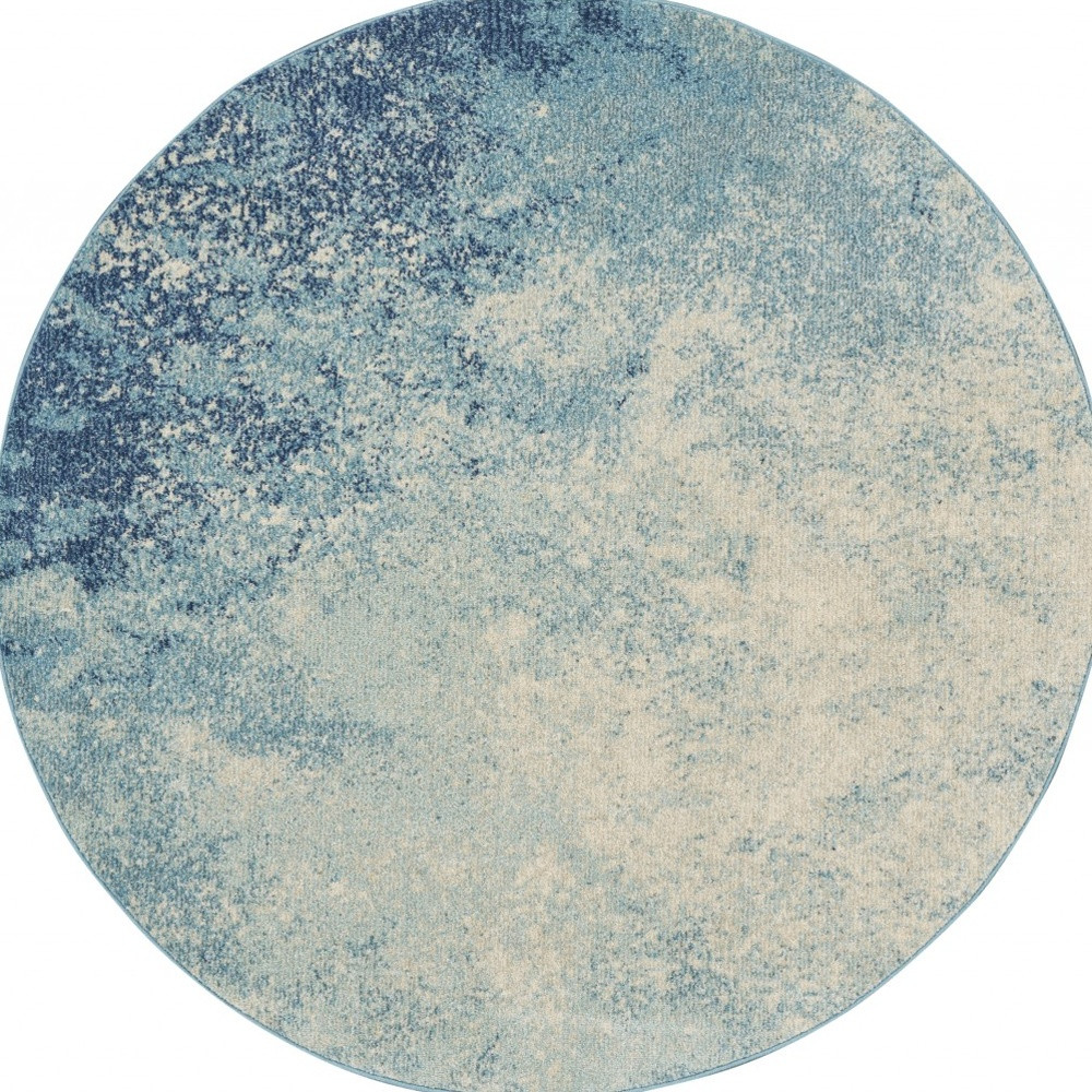 4" Ivory And Blue Round Abstract Power Loom Area Rug