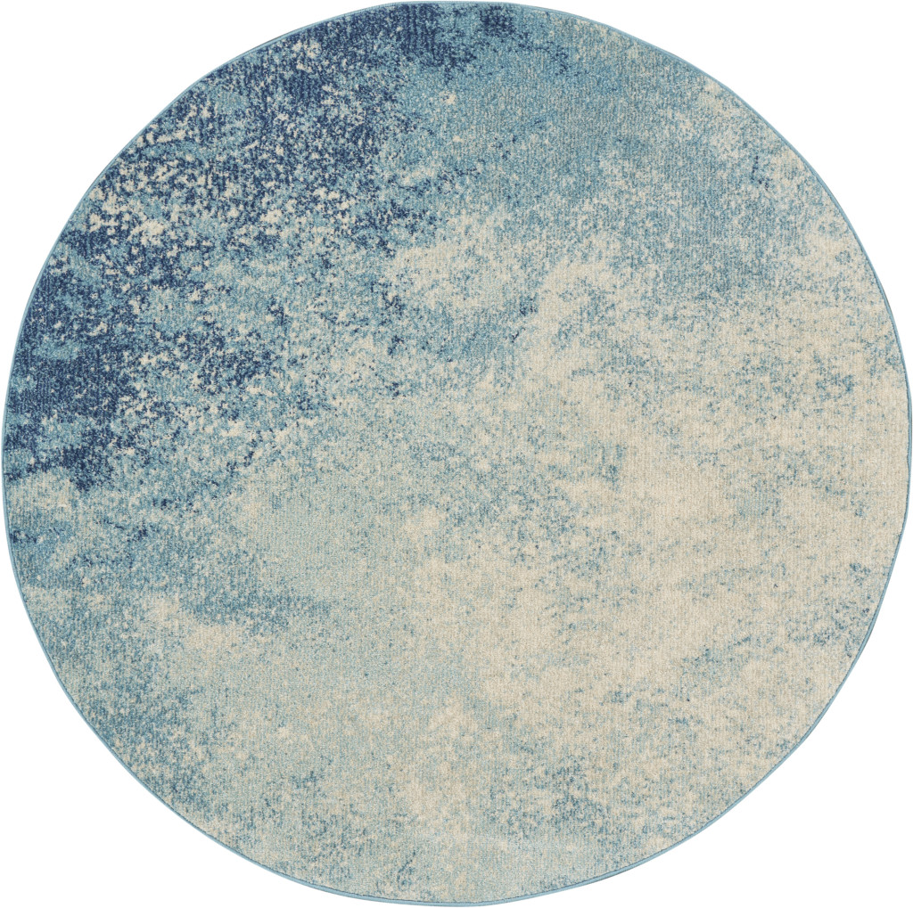 5" Ivory And Blue Round Abstract Power Loom Area Rug