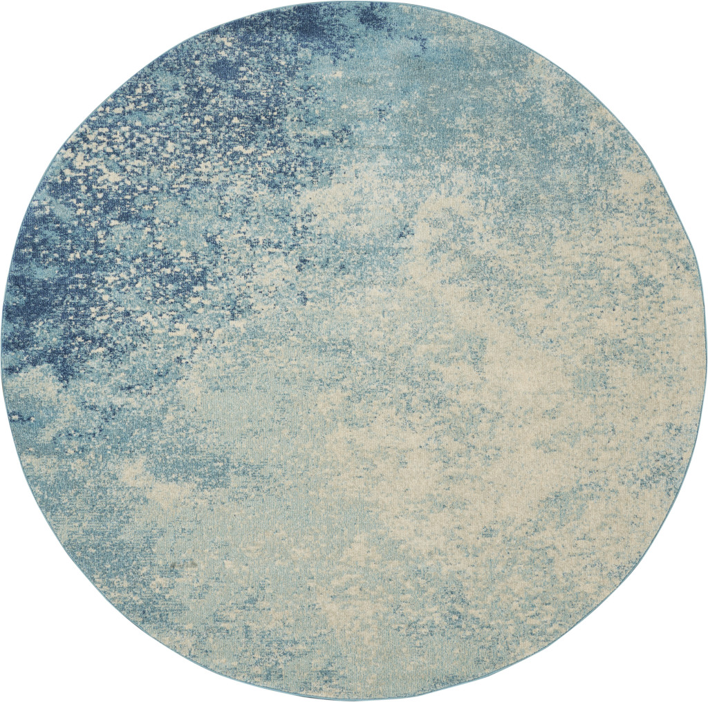 8" Ivory And Blue Round Abstract Power Loom Area Rug