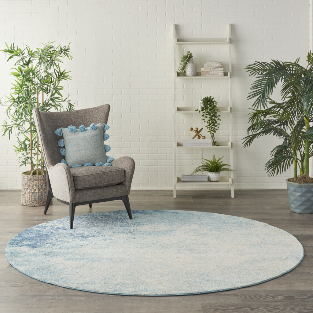 8" Ivory And Blue Round Abstract Power Loom Area Rug