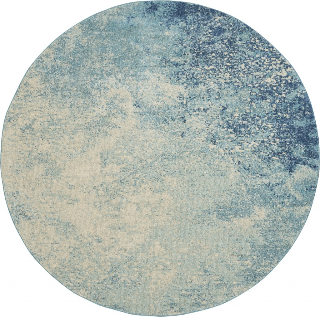8" Ivory And Blue Round Abstract Power Loom Area Rug
