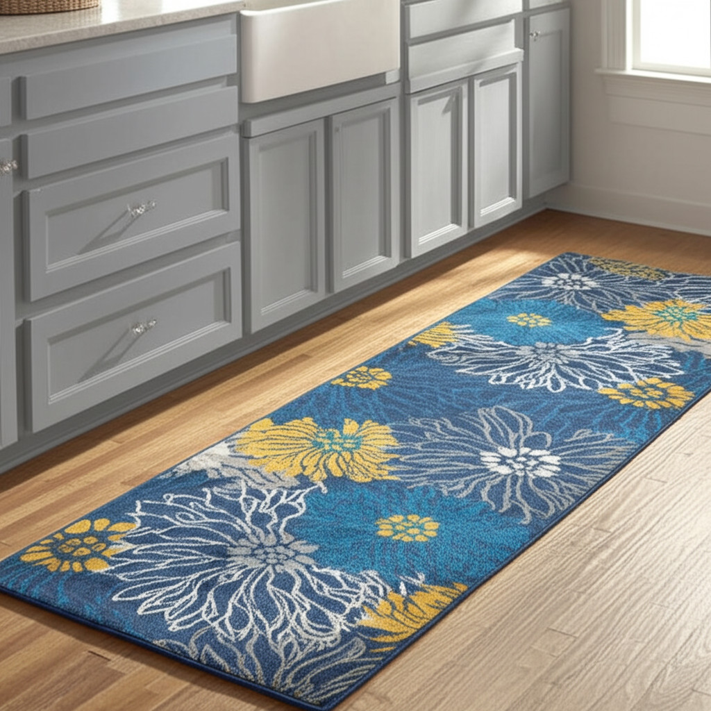 8' Blue And Gold Floral Runner Rug-385400-1