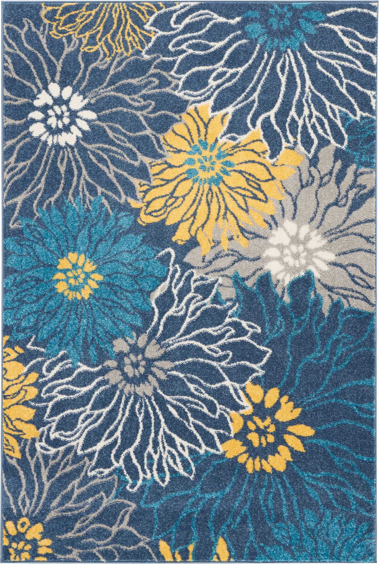 4' X 6' Blue And Gold Floral Area Rug-385401-1