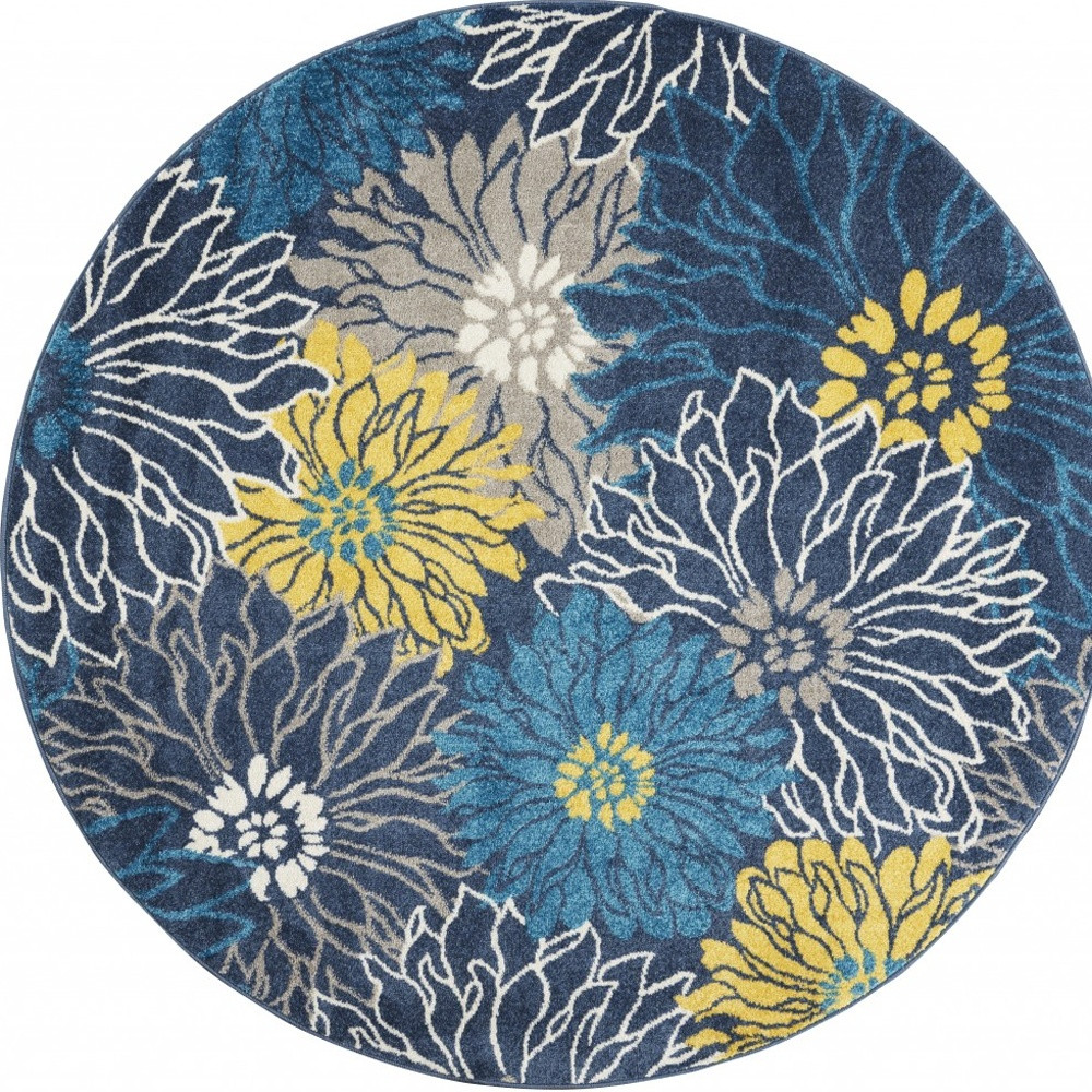4' Blue And Gold Floral Round Rug-385402-1