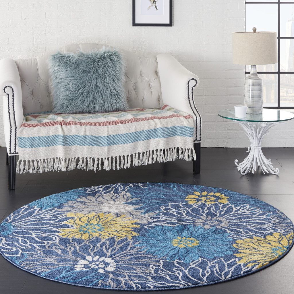 5" Blue Round Floral Power Loom Area Rug