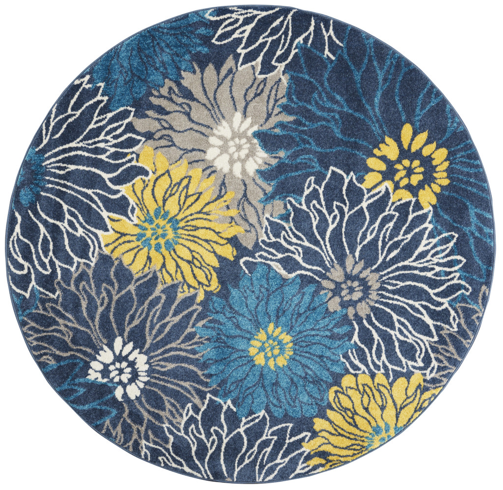 5" Blue Round Floral Power Loom Area Rug