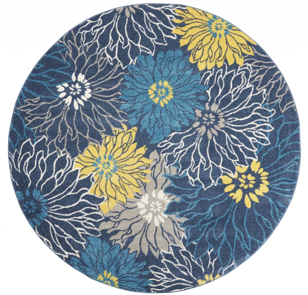 8' Blue Round Floral Power Loom Area Rug-385407-1