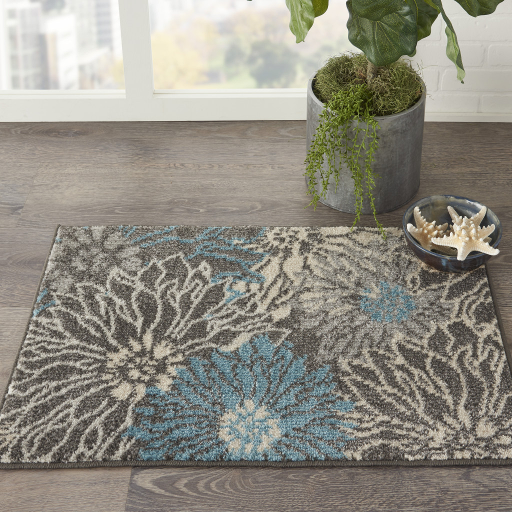 2" X 3" Blue And Gray Floral Power Loom Area Rug