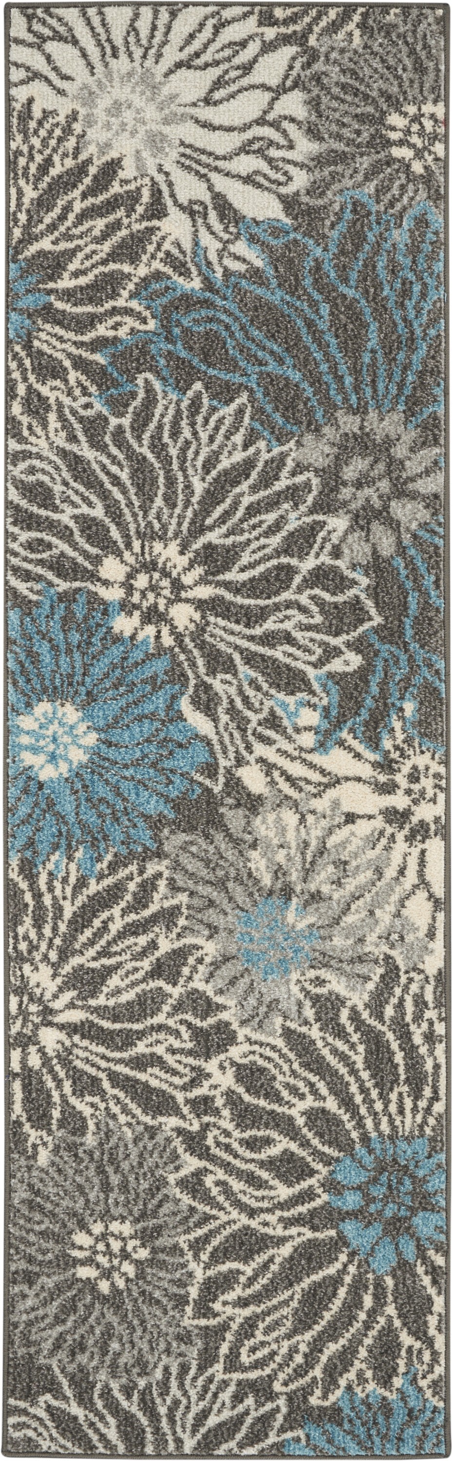 6' Blue And Gray Floral Power Loom Runner Rug-385409-1