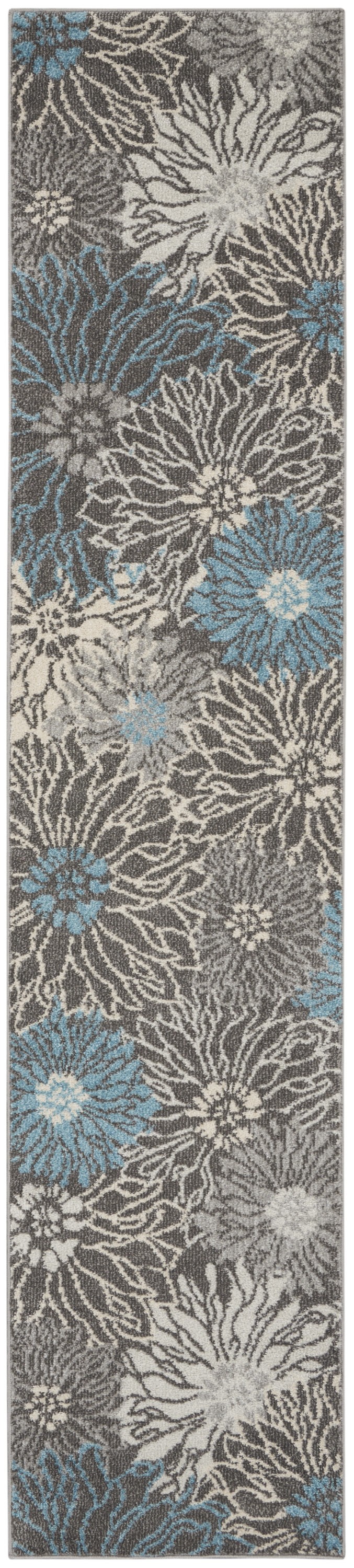 10' Blue And Gray Floral Power Loom Runner Rug-385410-1