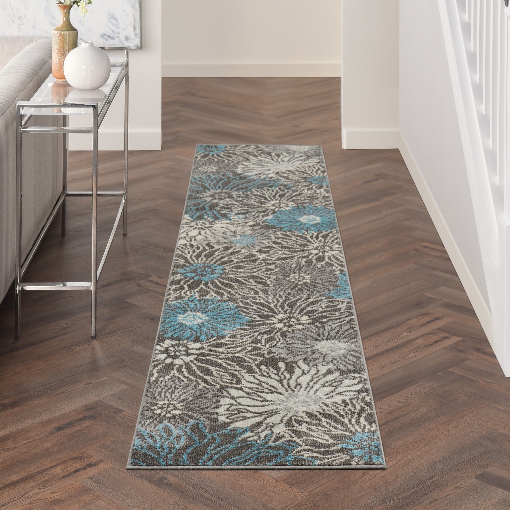 2 x 10 Charcoal and Blue Big Flower Runner Rug