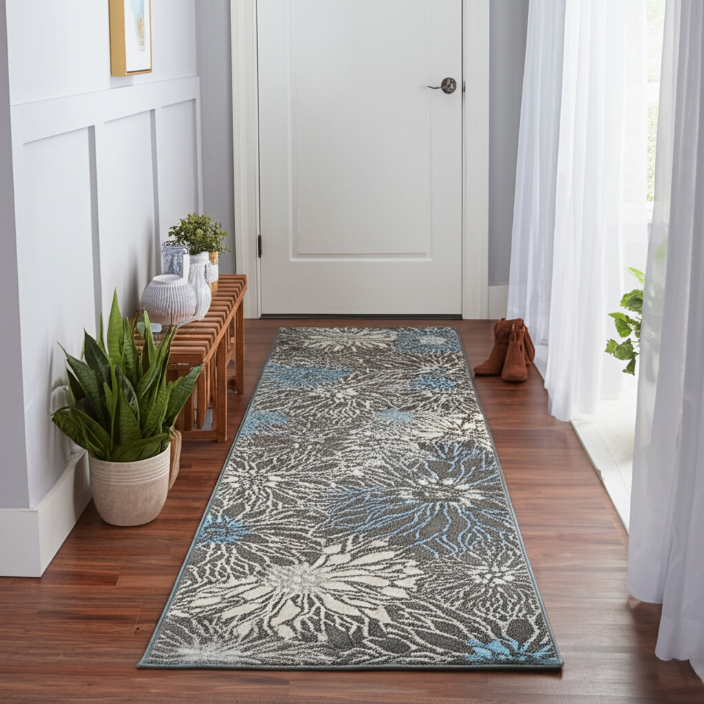 10' Blue And Gray Floral Runner Rug-385410-1