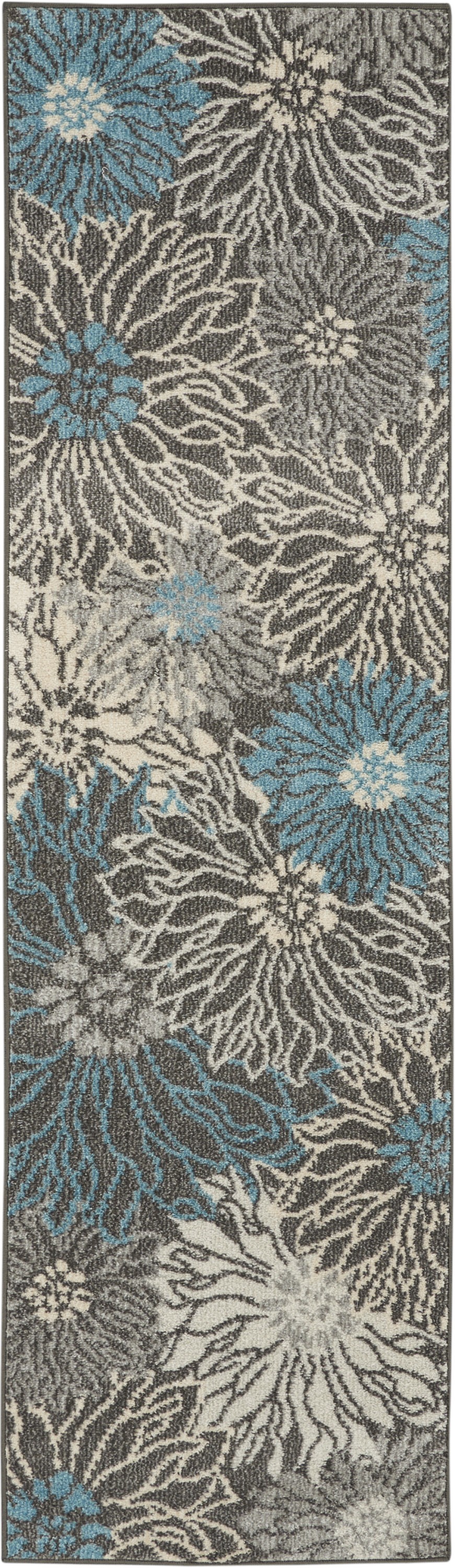 8' Blue And Gray Floral Power Loom Runner Rug-385411-1