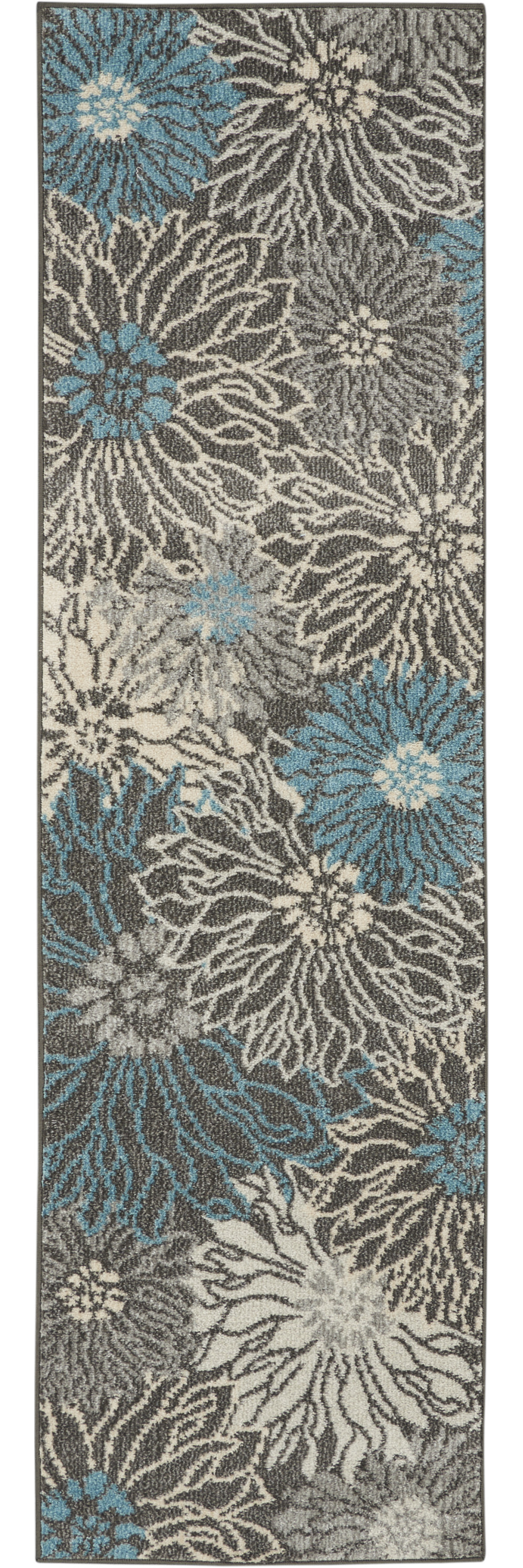 8' Blue And Gray Floral Runner Rug-385411-1