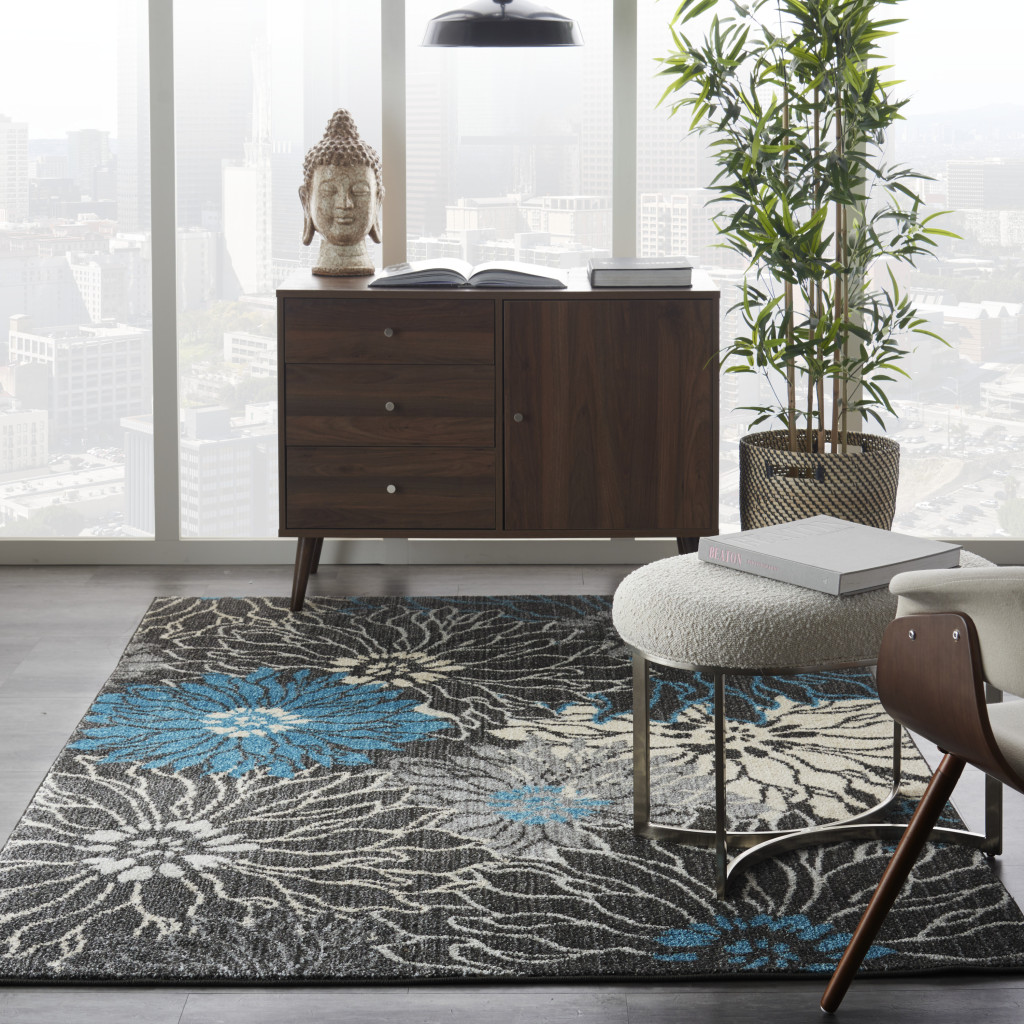 4" X 6" Blue And Gray Floral Power Loom Area Rug