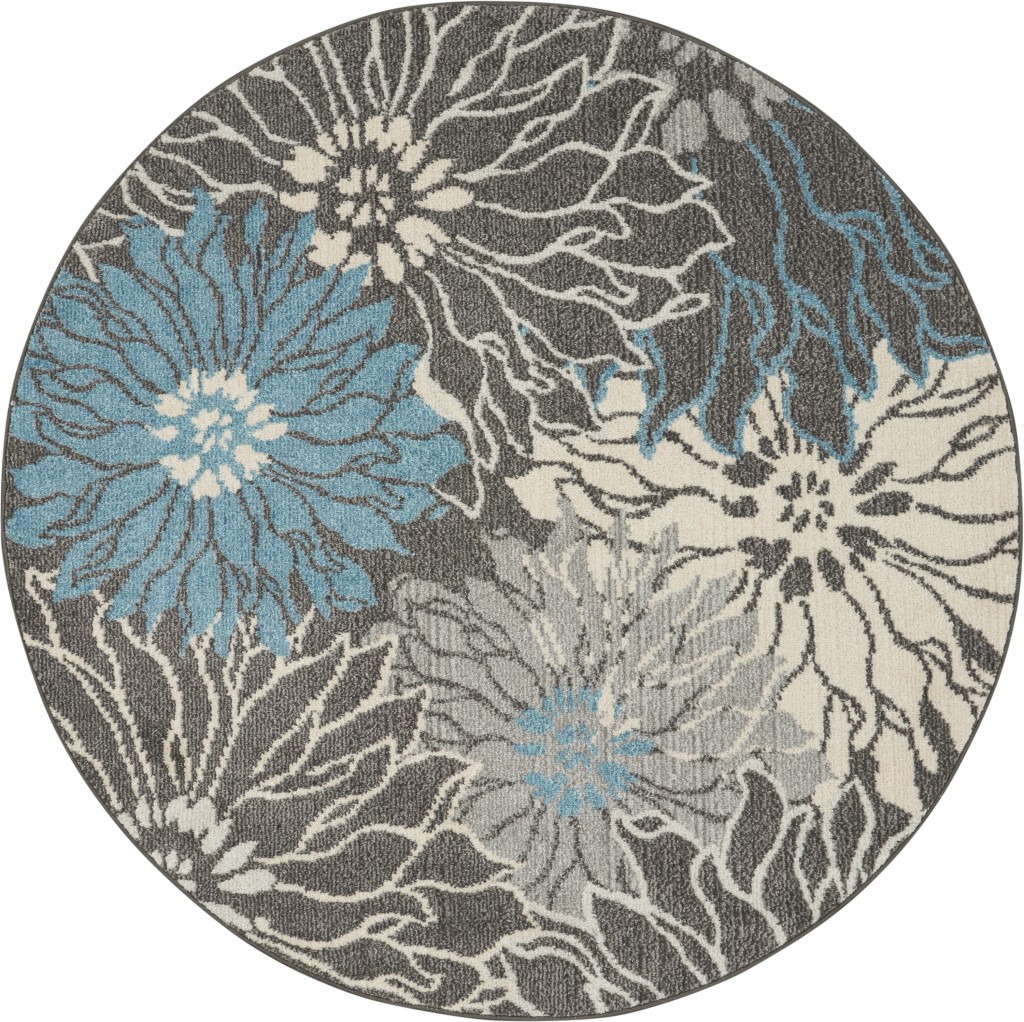 4' Blue And Gray Round Floral Power Loom Area Rug-385413-1