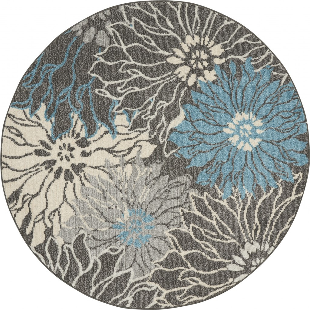 4' Blue And Gray Floral Round Rug-385413-1