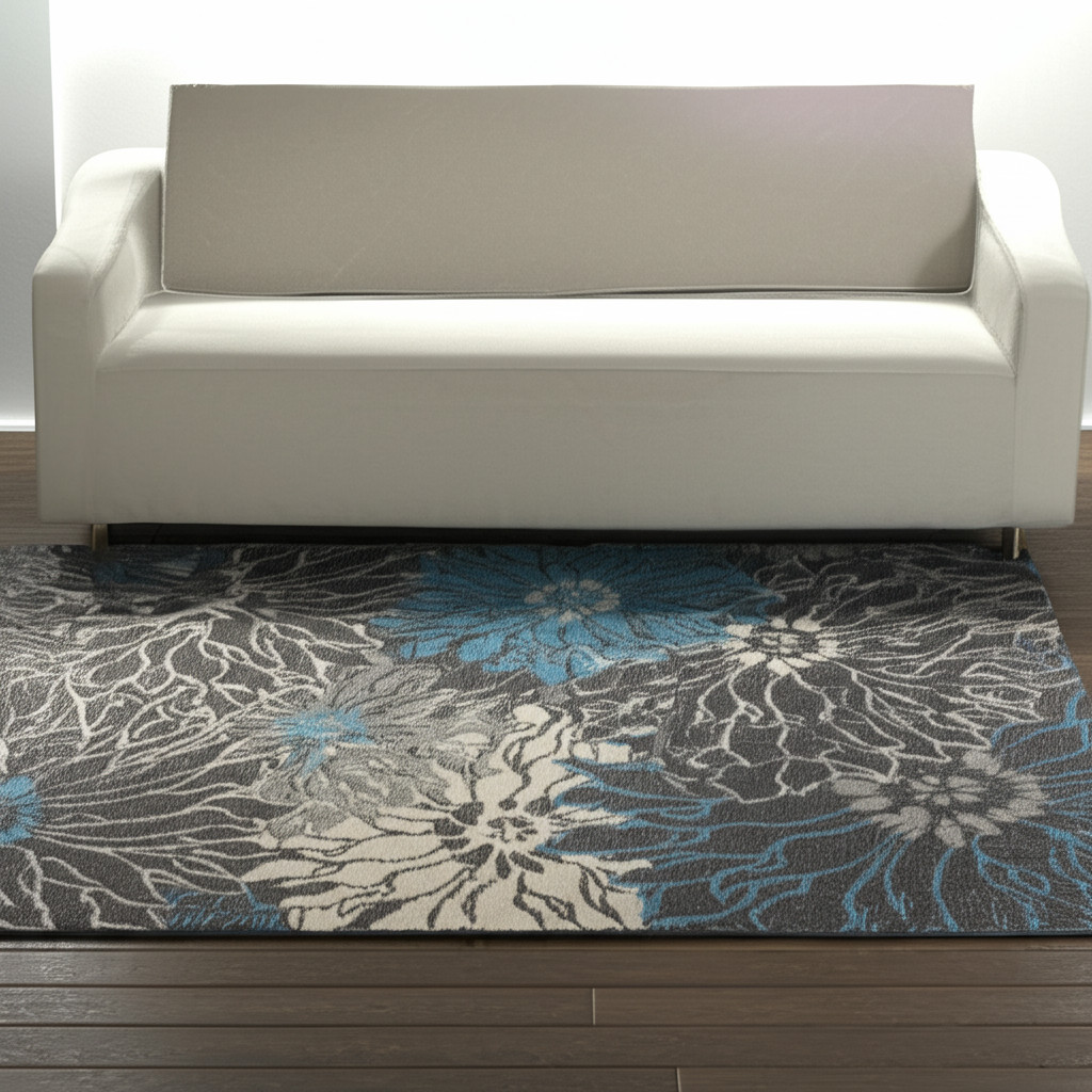 5' X 7' Blue And Gray Floral Area Rug-385414-1
