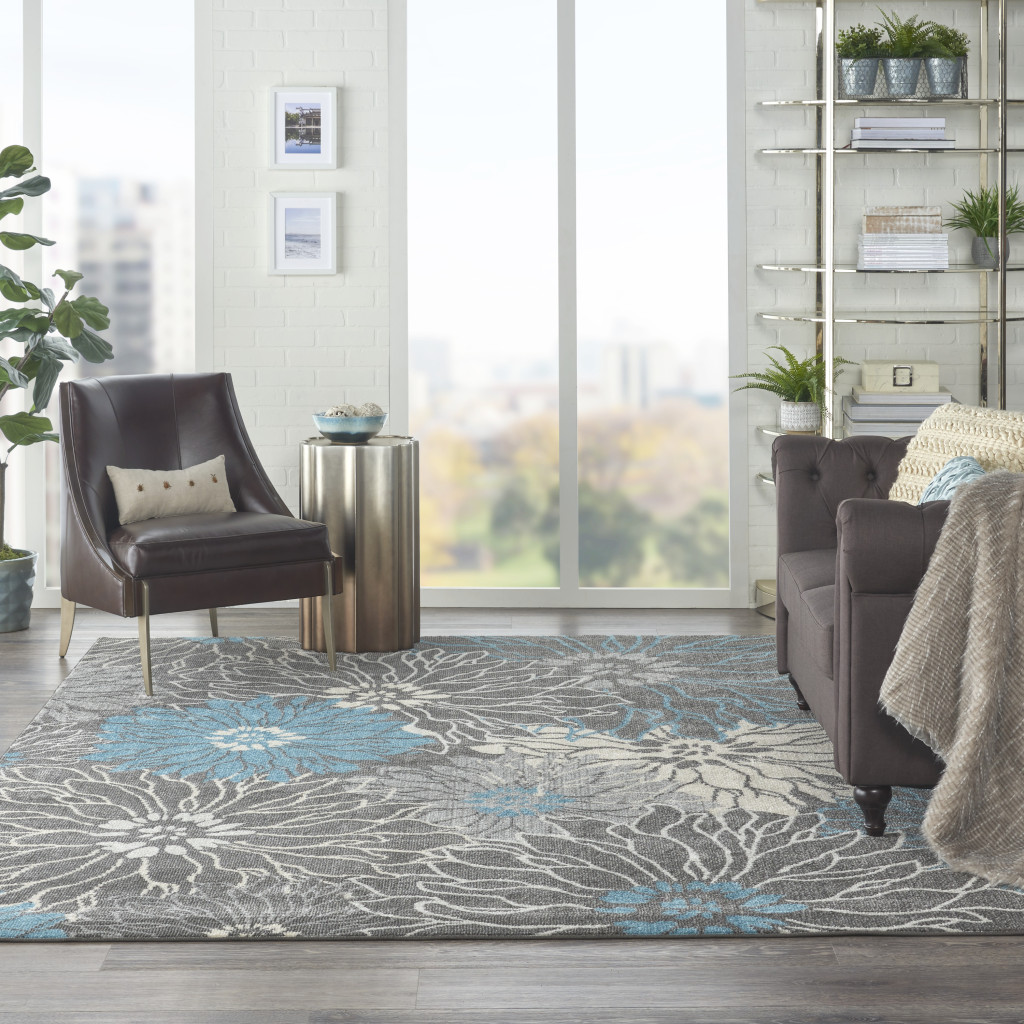 8" X 10" Blue And Gray Floral Power Loom Area Rug