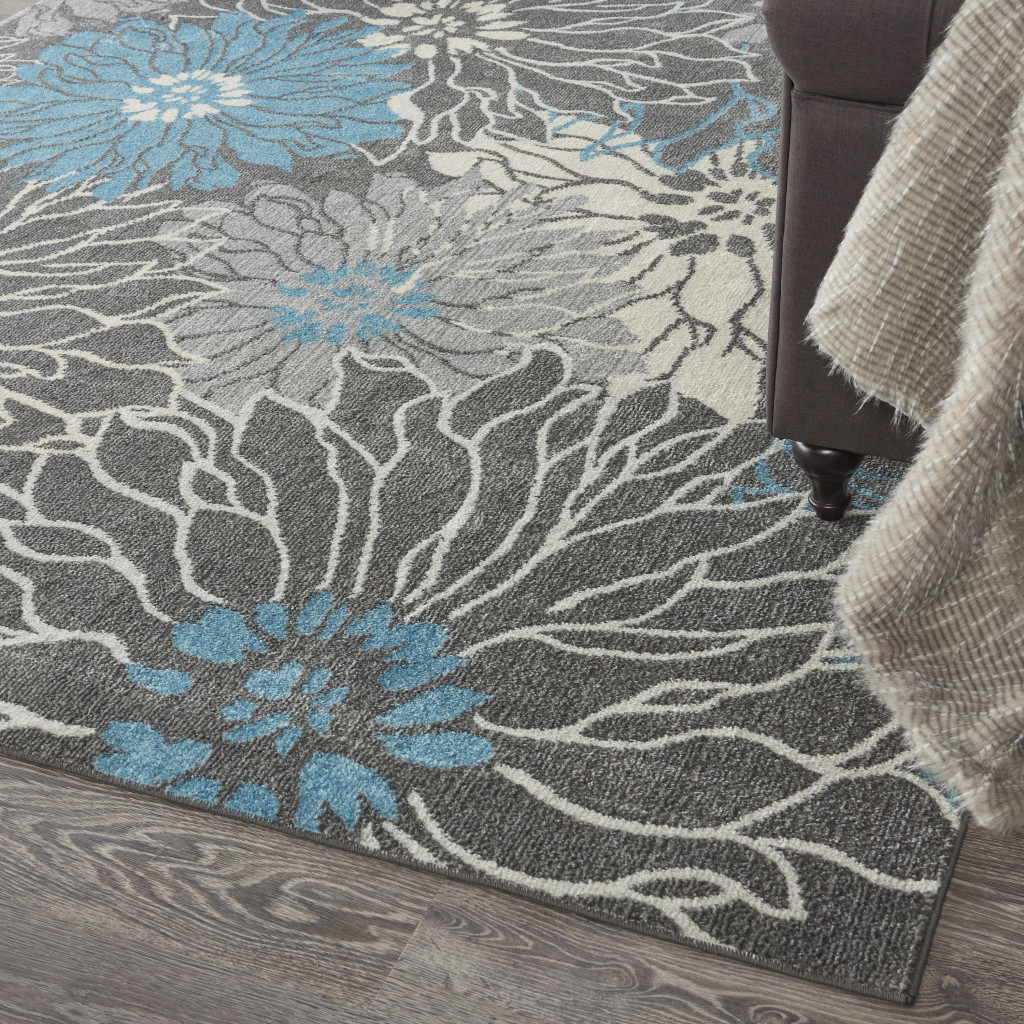 8" X 10" Blue And Gray Floral Power Loom Area Rug