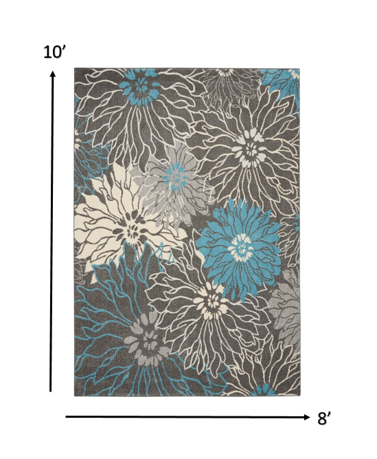 8" X 10" Blue And Gray Floral Power Loom Area Rug