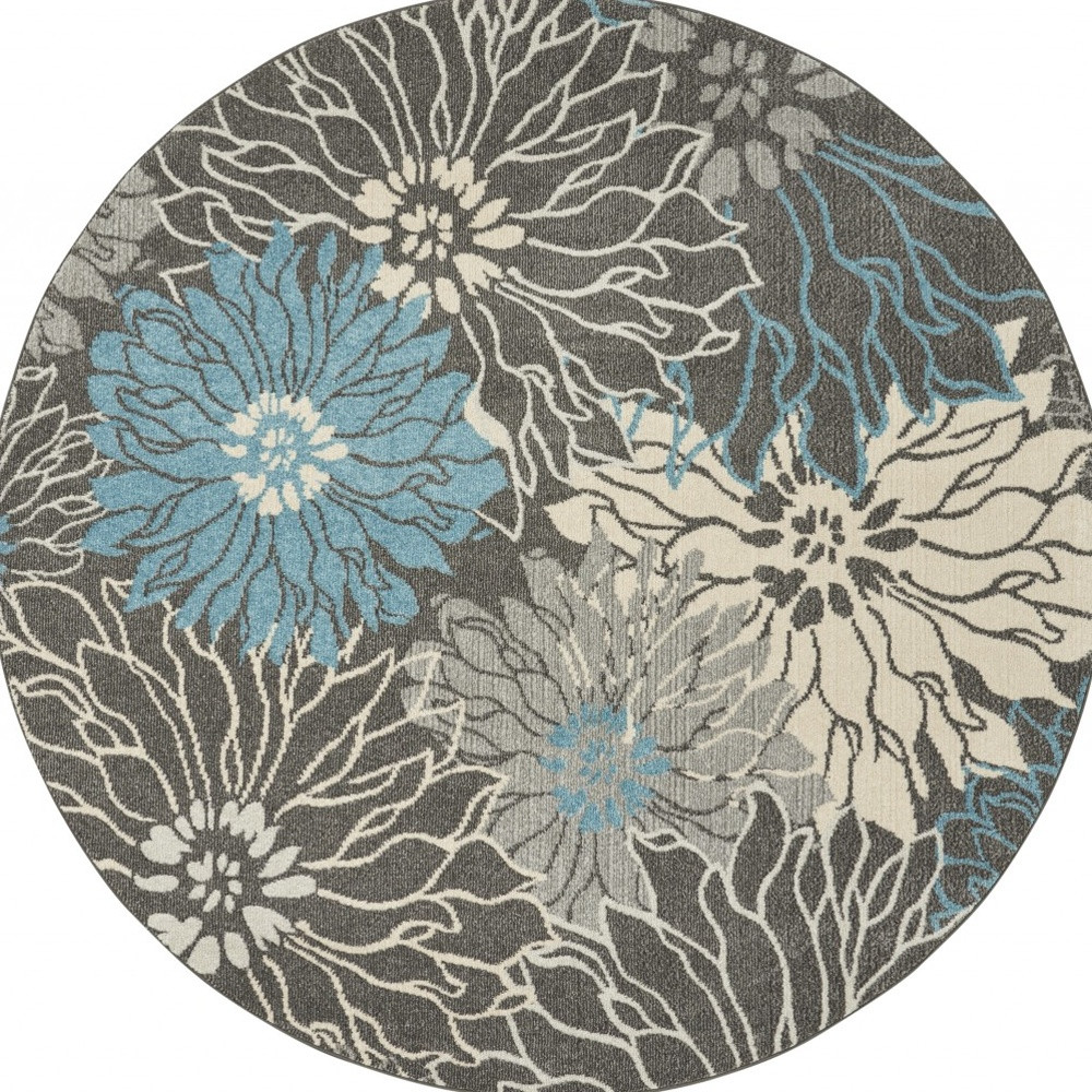 8' Blue And Gray Floral Round Rug-385418-1