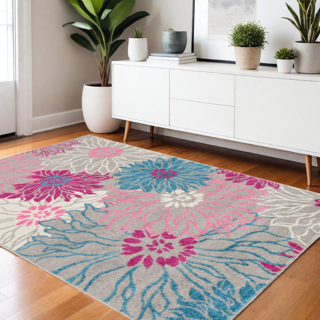 4' X 6' Gray And Pink Floral Area Rug-385423-1