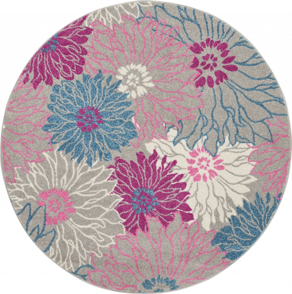 4' Gray Round Floral Dhurrie Area Rug-385424-1