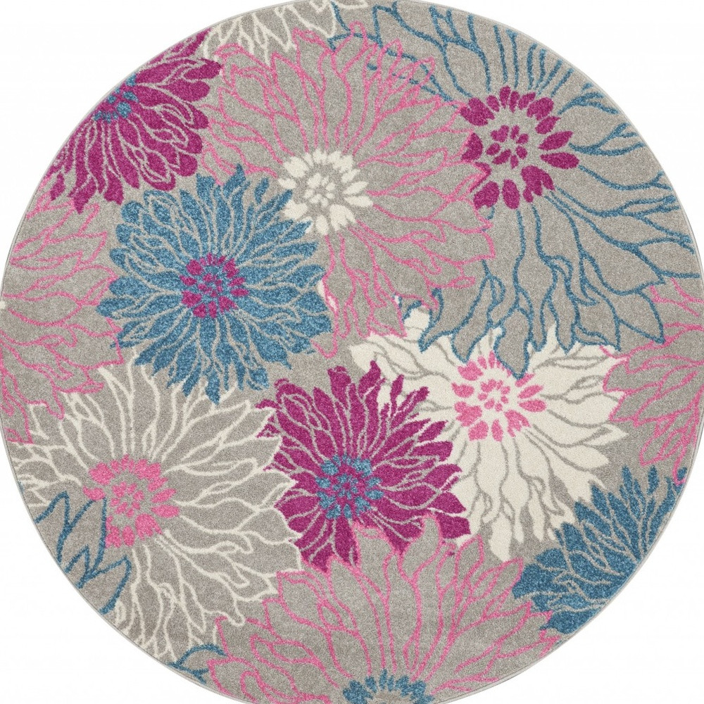 4' Gray And Pink Floral Round Rug-385424-1