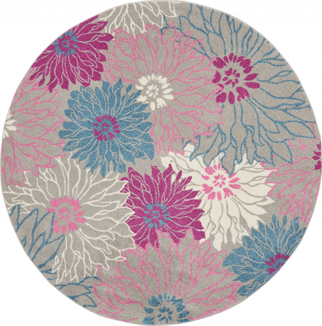8' Gray Round Floral Dhurrie Area Rug-385429-1
