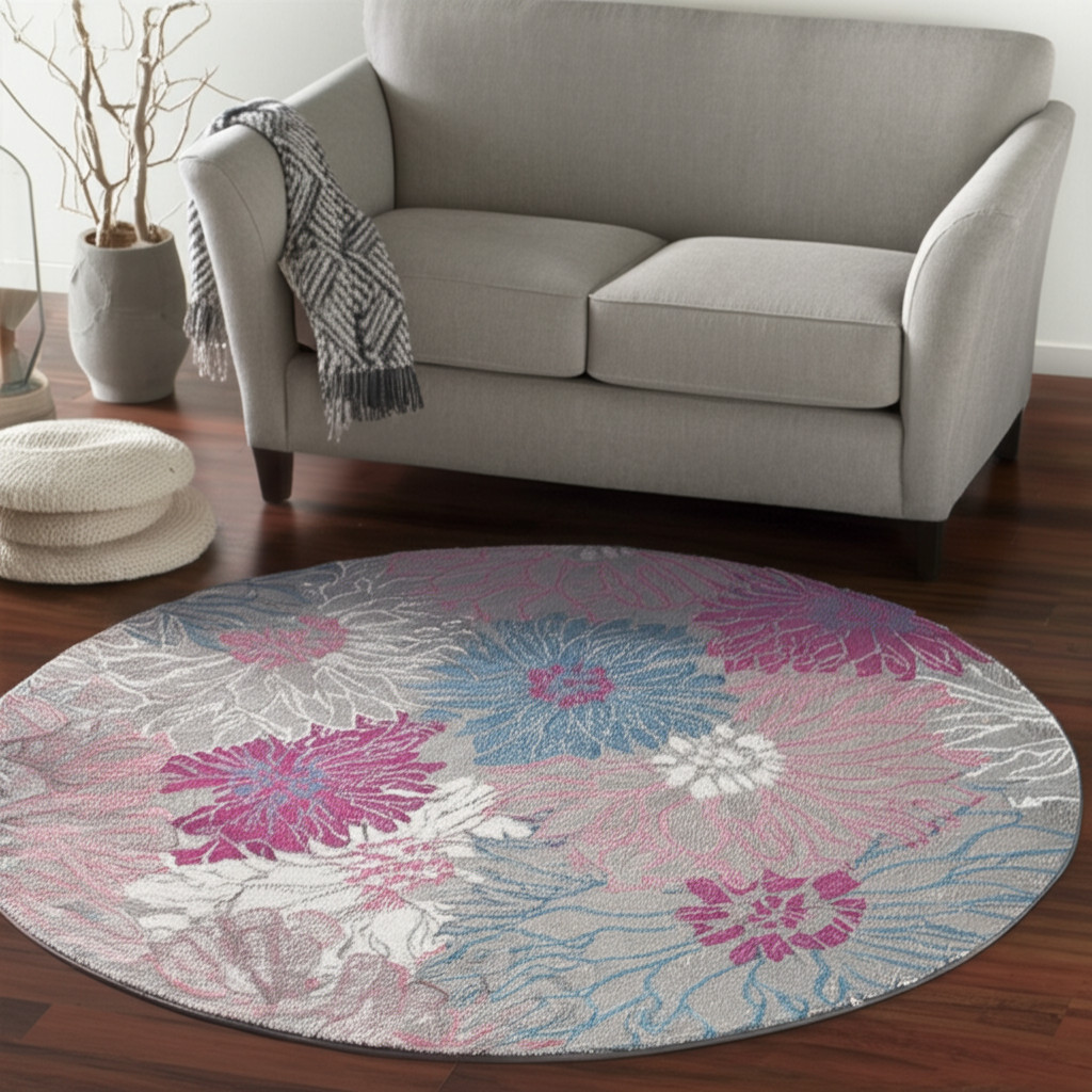 8' Gray And Pink Floral Round Rug-385429-1