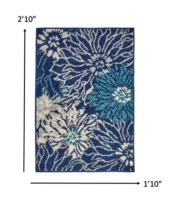 2" X 3" Blue And Ivory Floral Power Loom Area Rug