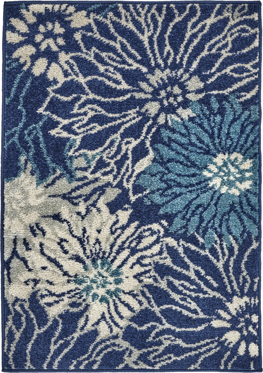 2" X 3" Blue And Ivory Floral Power Loom Area Rug