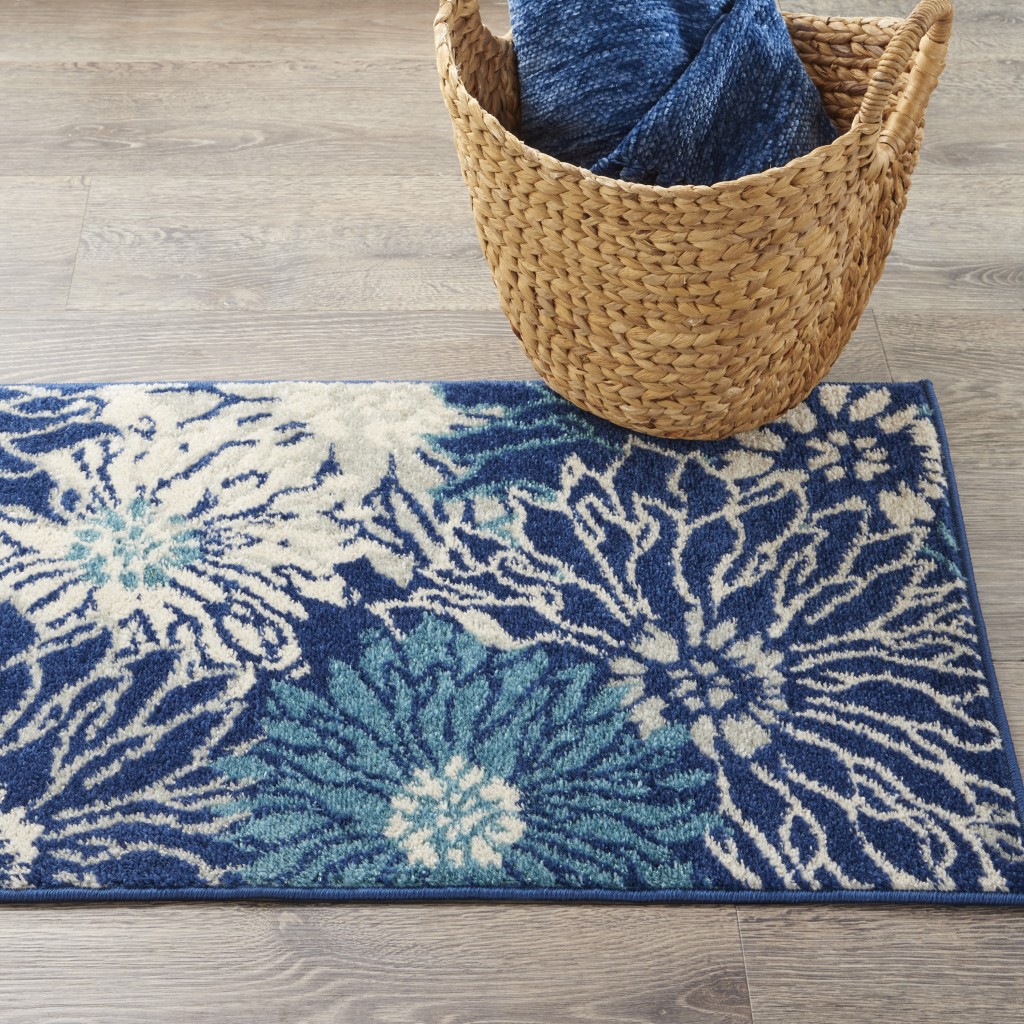 2 x 3 Navy and Ivory Floral Scatter Rug
