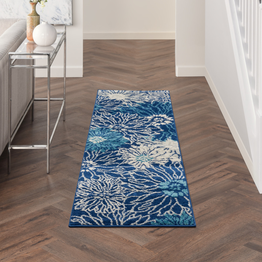 6" Blue And Ivory Floral Dhurrie Runner Rug