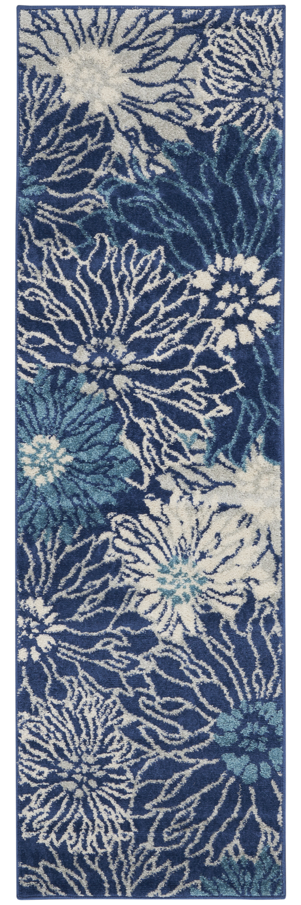 6" Blue And Ivory Floral Dhurrie Runner Rug