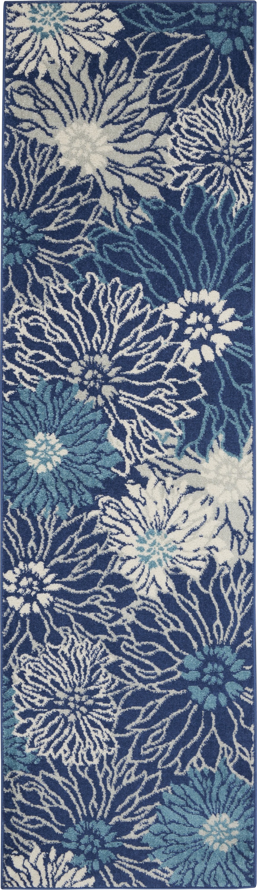 8' Blue And Ivory Floral Power Loom Runner Rug-385432-1