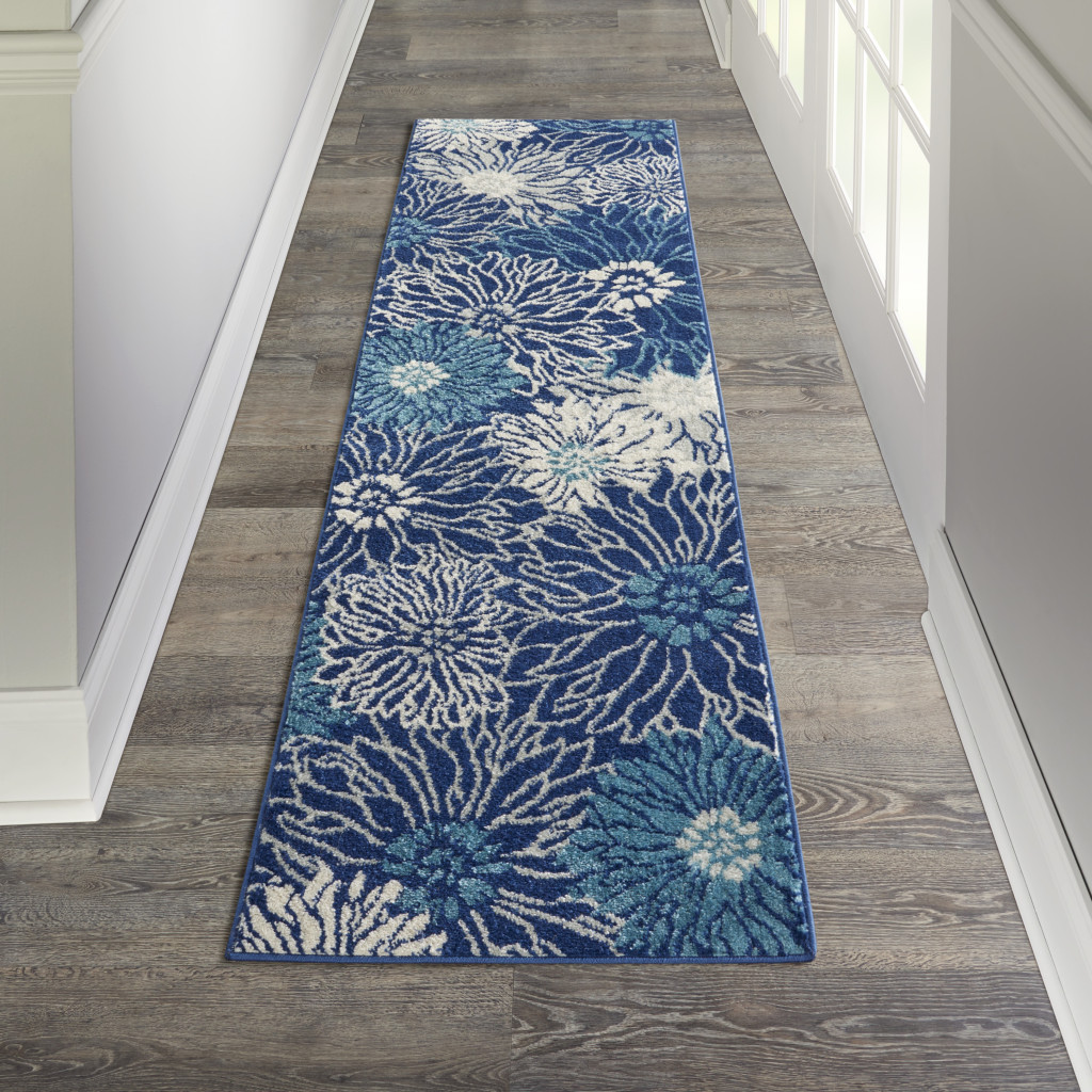 8" Blue And Ivory Floral Power Loom Runner Rug