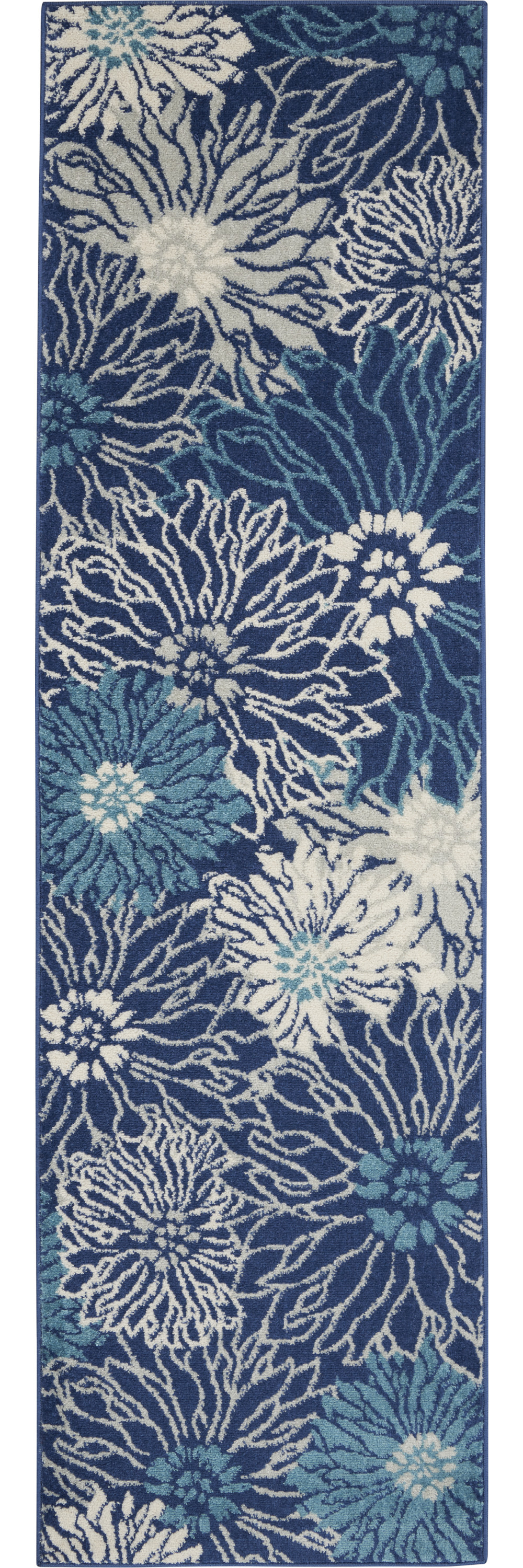 8" Blue And Ivory Floral Power Loom Runner Rug