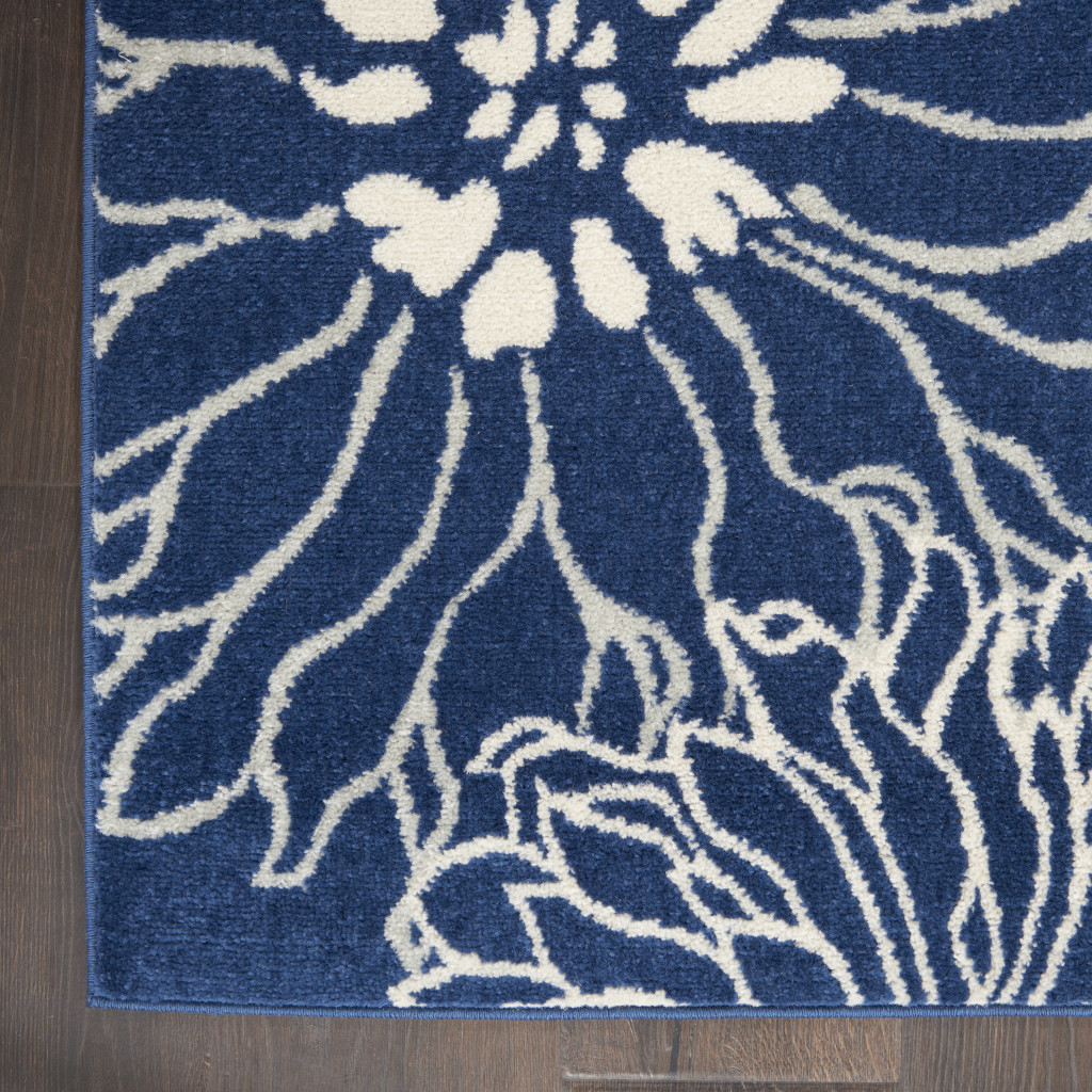 8" Blue And Ivory Floral Power Loom Runner Rug