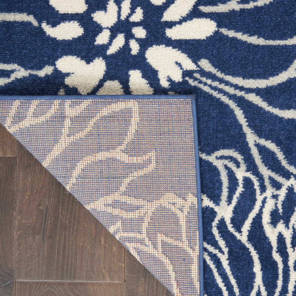 8" Blue And Ivory Floral Power Loom Runner Rug