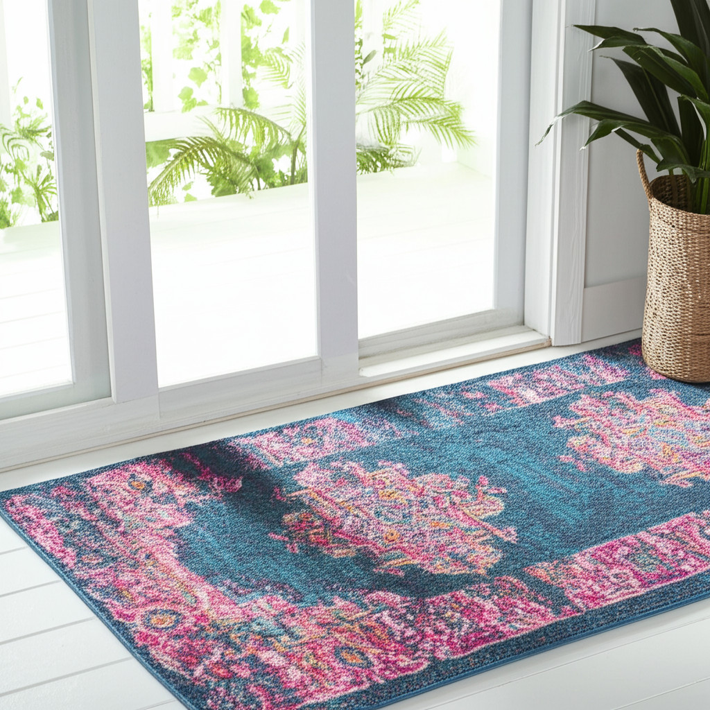 6' Blue And Pink Medallion Distressed Runner Rug-385433-1