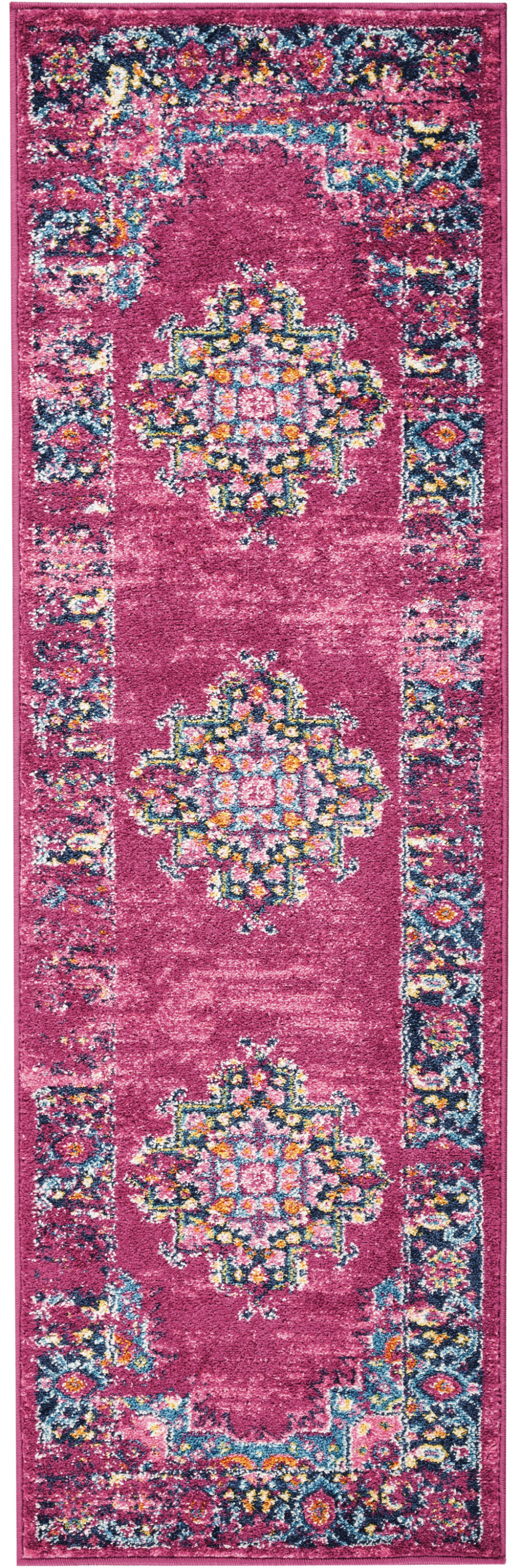 6' Fuchsia And Blue Oriental Distressed Runner Rug-385442-1