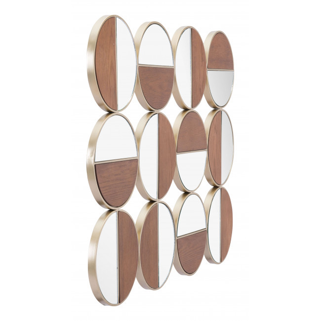 Set of 12 Round Gold and Walnut Finish Wall Mirrors