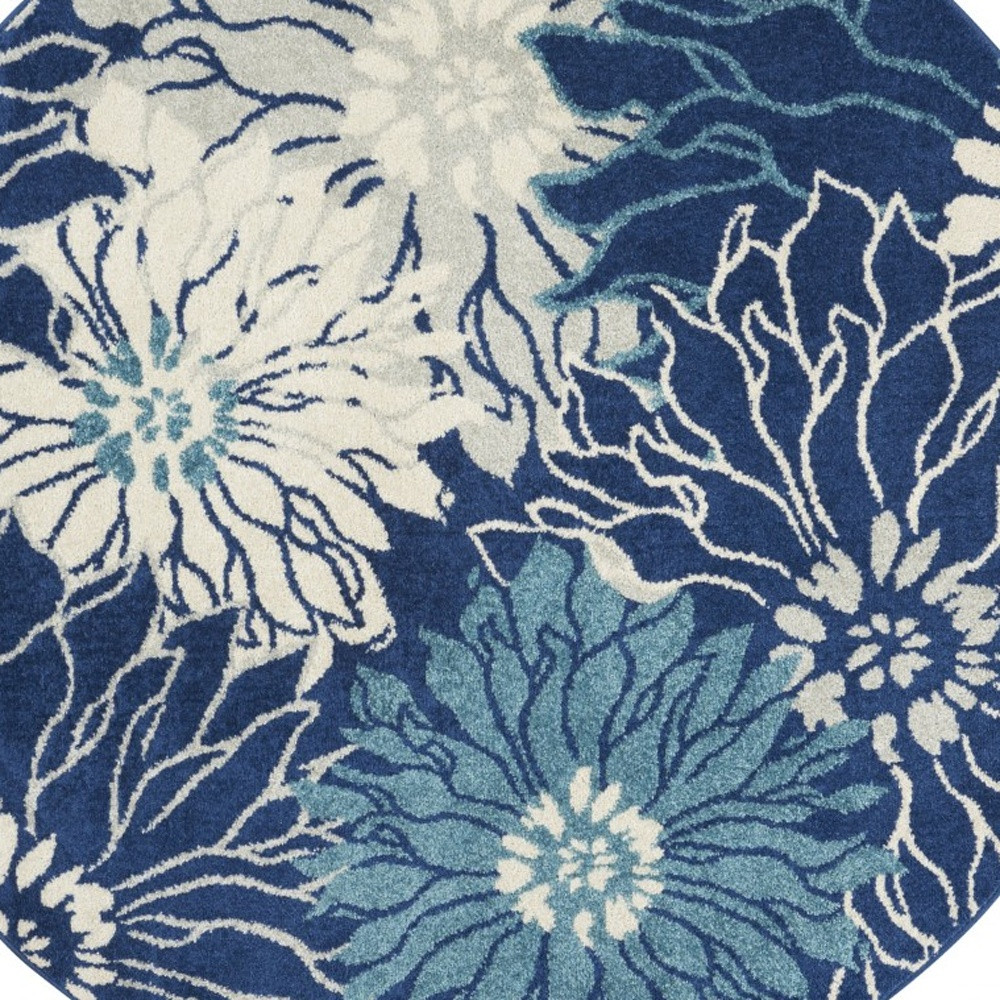 4" Blue And Ivory Round Floral Dhurrie Area Rug
