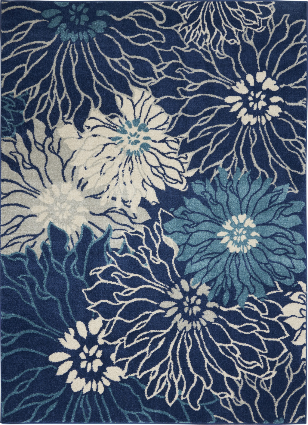 5" X 7" Blue And Ivory Floral Power Loom Area Rug